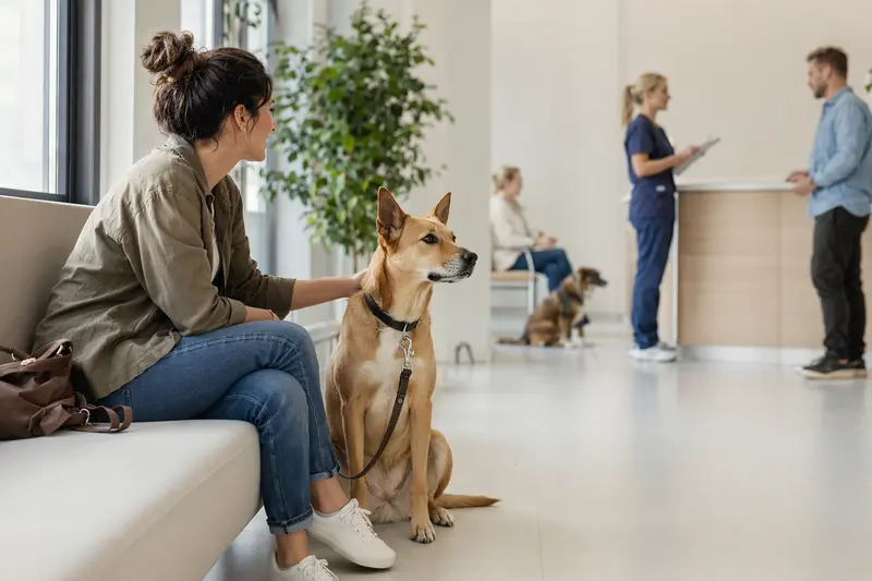 Ein Carolina Dog sitzt ruhig neben seinem Besitzer im hellen Wartezimmer einer modernen Tierarztpraxis.